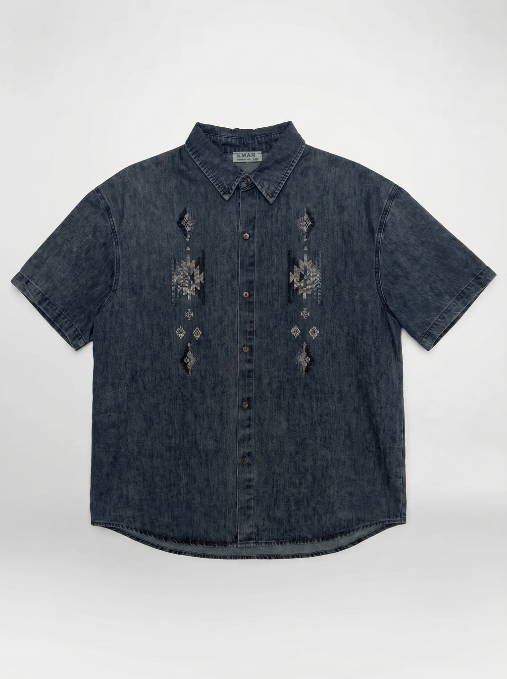 深藍色牛仔刺繡短袖恤衫