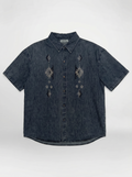 深藍色牛仔刺繡短袖恤衫