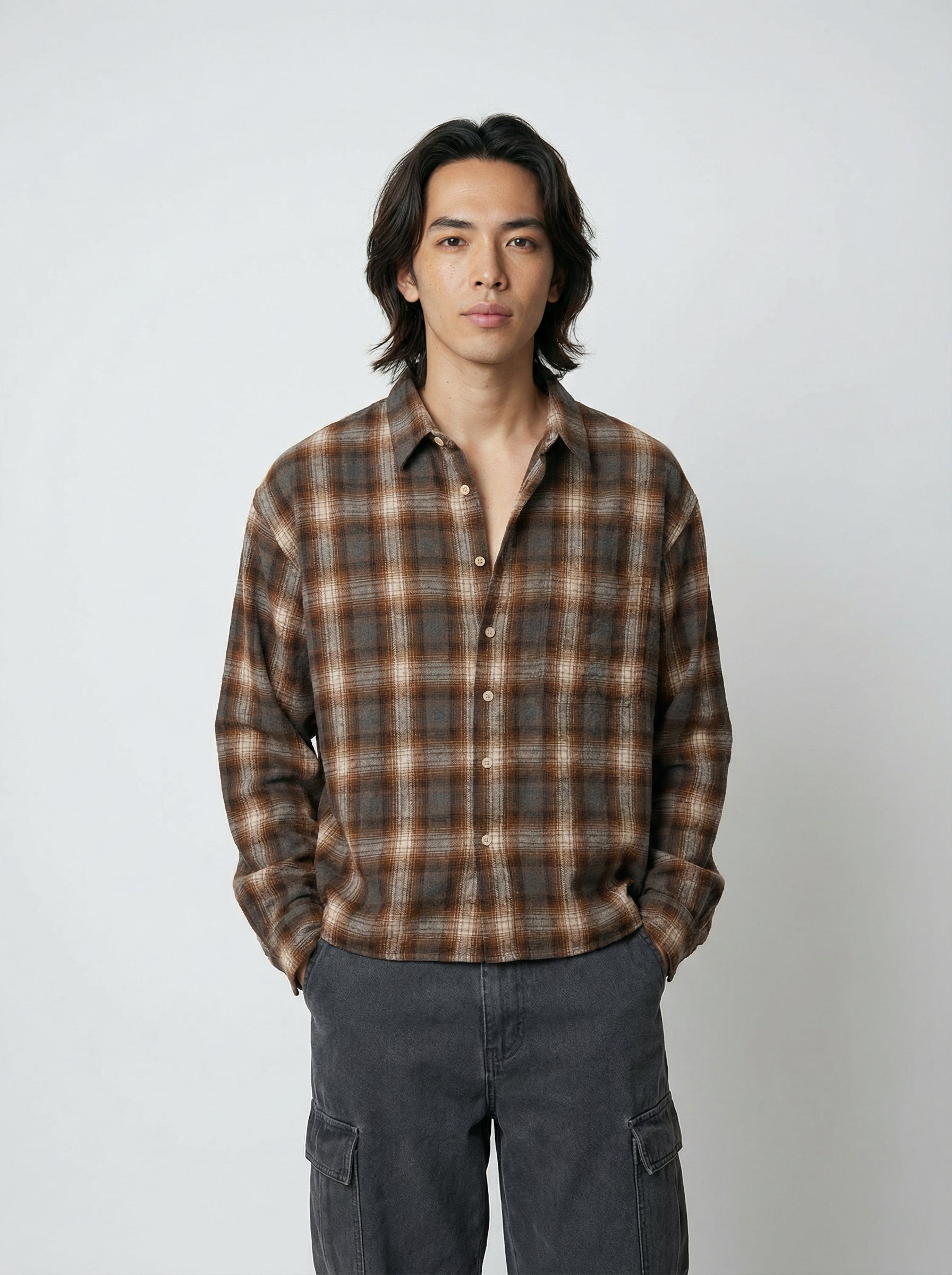 橙啡格仔長袖恤衫